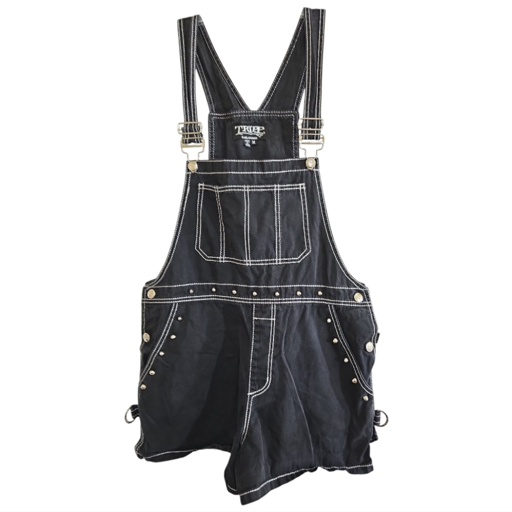 Tripp NYC Daang Goodman Darkstreet Studded Goth Punk Bib Overall Shorts Medium - Picture 3 of 7